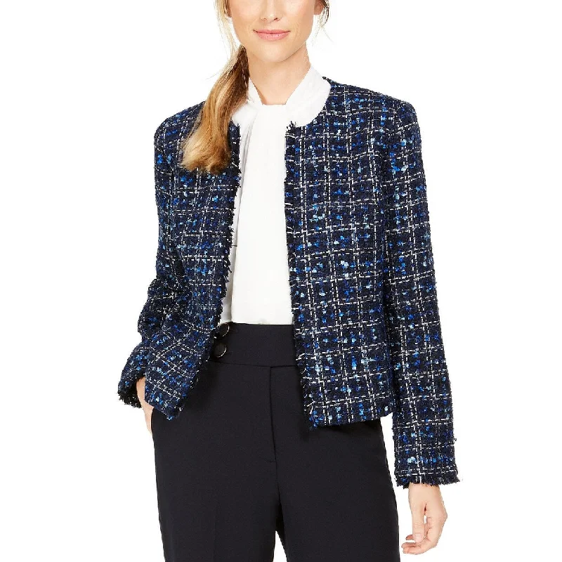 women's reversible coat -Calvin Klein Women's Tweed Frayed-Edge Jacket Blue Size 14