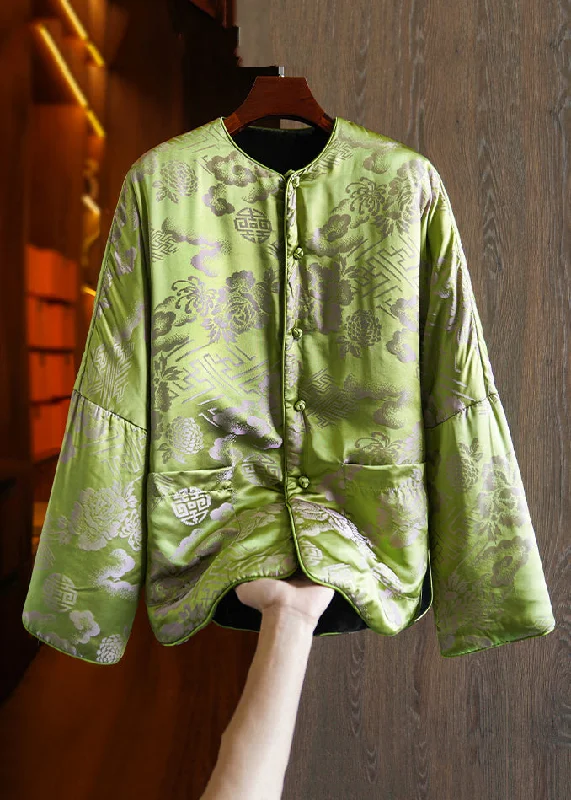 versatile trench coat for ladies -Plus Size Green Button Print Pockets Silk Parka Long Sleeve