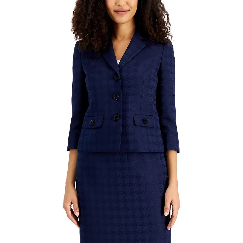 women's classic pea coat -Le Suit Womens Petites Jacquard Houndstooth Double-Breasted Blazer