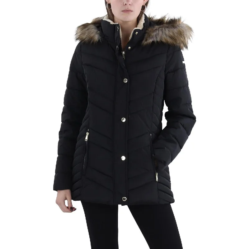 sophisticated evening coat for women -Womens Faux Fur Trim Hooded Puffer Jacket