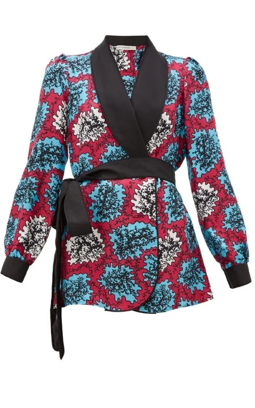 fitted wool blend coat for women -Darcy Coral Print Silk Jacket