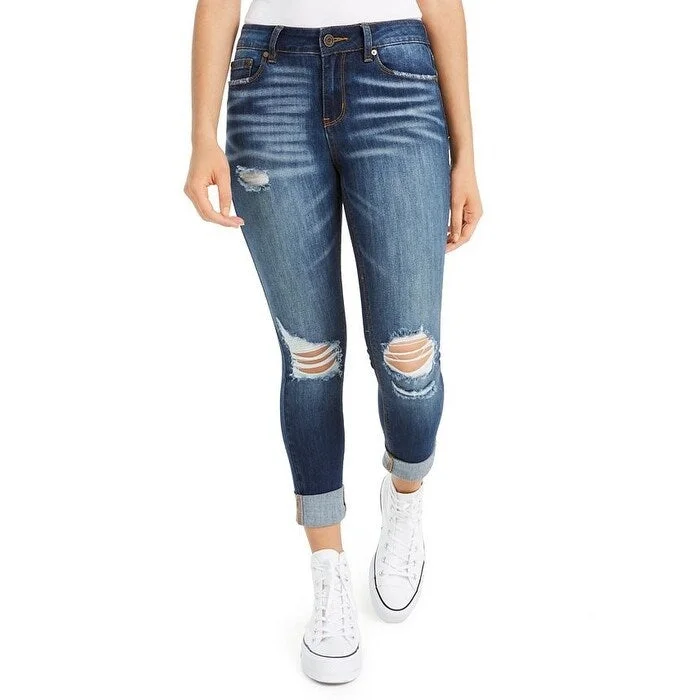 ripped vintage denim for ladies -Indigo Rein Women's Juniors' Ripped Cuffed Straight-Leg Jeans Blue Size 11