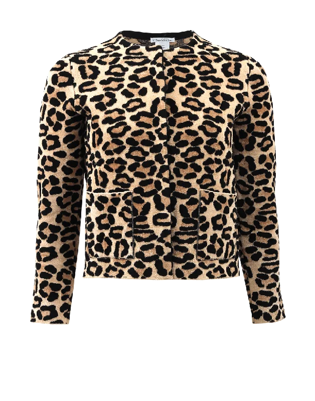 stylish knit jacket for women -Cropped Leopard Knit Jacket