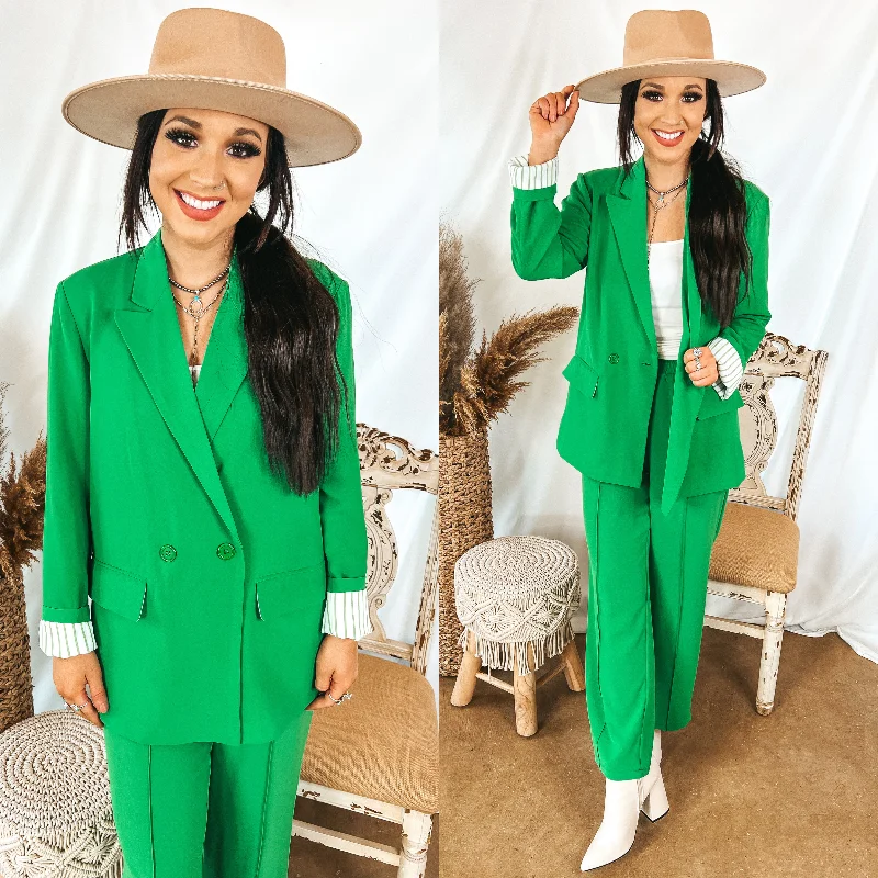 women's classic pea coat -Bossy Business Double Button Blazer with Pockets in Green