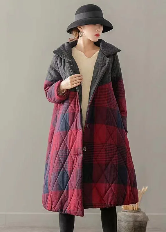 women's lightweight cargo jacket -Vintage Red Pockets Plaid Patchwork Fine Cotton Filled Coats Winter