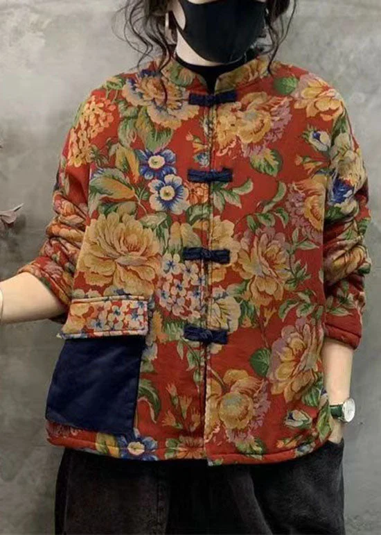 winter parka for women -Chinese Style Yellow Print Patchwork Pocket Cotton Filled Outwear Winter