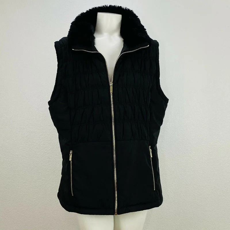 stylish women's blazer -Calvin Klein Women's Faux-Fur Collar Vest Black Size Medium