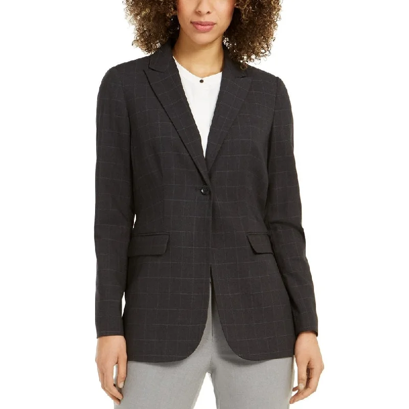 stylish leather jacket for women -Calvin Klein Women's Windowpane Plaid Jacket Black Size 0