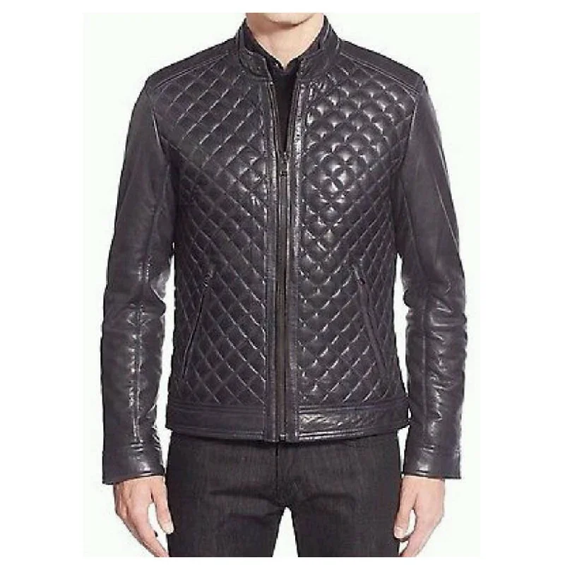 fashionable metallic puffer jacket for women -Men Cafe Racer Diamond Bomber Leather Jacket