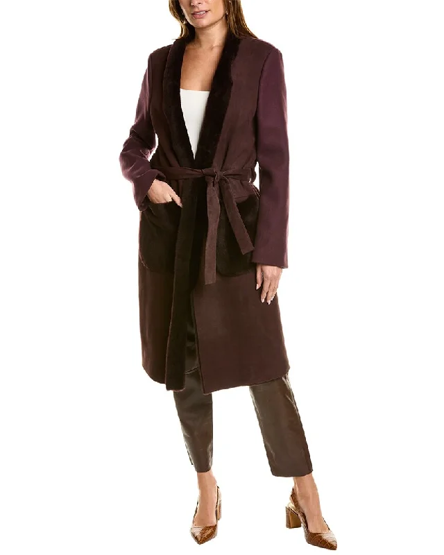 women's thermal long coat -Piazza Sempione Leather-Trim Wool Coat