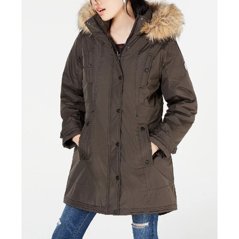 luxury designer winter coat for women -Madden Girl Juniors' Hooded Faux-Fur-Trim Parka Black Size X-Small