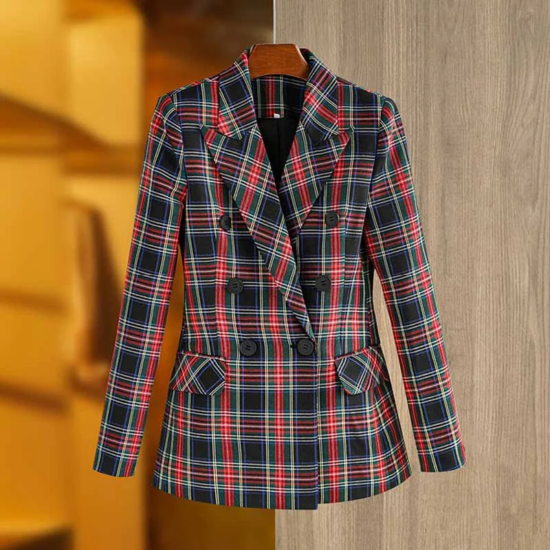 women's relaxed boyfriend blazer -Womens Double Breasted Plaid Work Formal Blazer Jacket