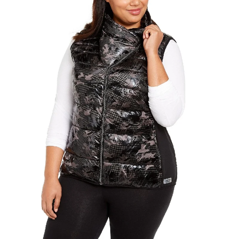 stylish longline coat for women -Calvin Klein Woemn' Plus Printed Puffer Vest Black Size XExtra Large