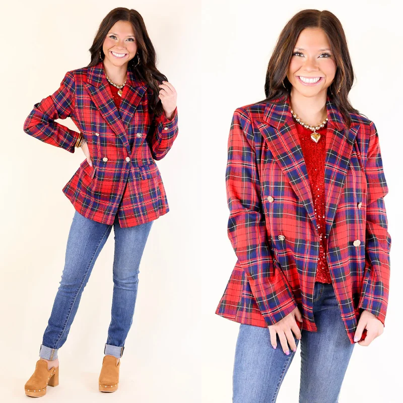 casual linen jacket for women -Endless Cheer Plaid Blazer with Gold Buttons in Blue and Red