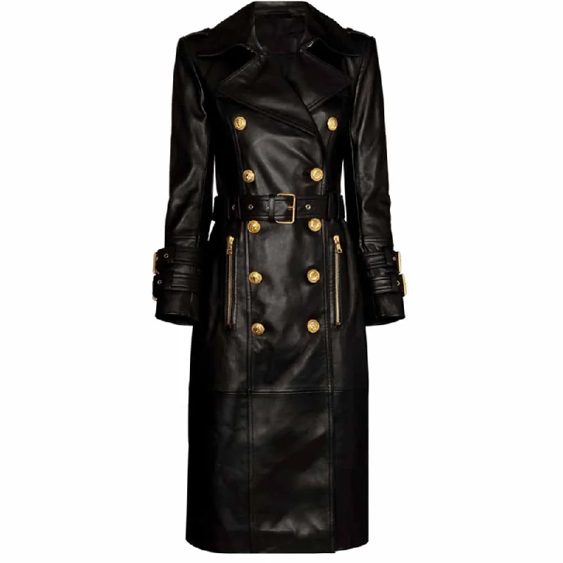 stylish knit jacket for women -Women Beltted Double Breasted Faux Leather Trench Coat