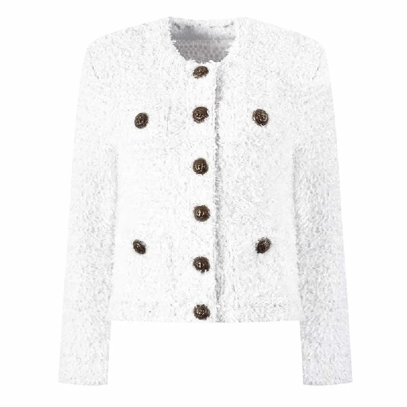 warm padded coat for women -White Collarless Four-Pocket Jacket Knitted Woolen Cardigan Coat