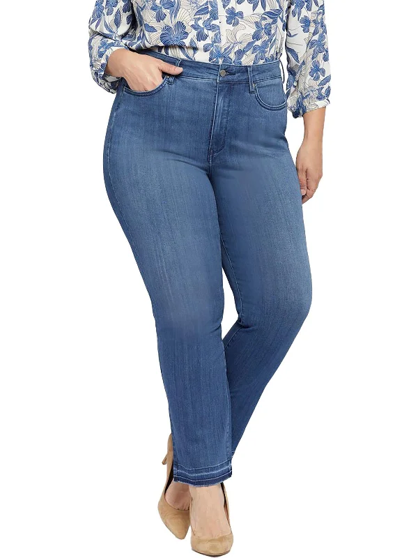 women's soft stretch bootcut jeans -Plus Womens High Waist Released Hem Straight Leg Jeans