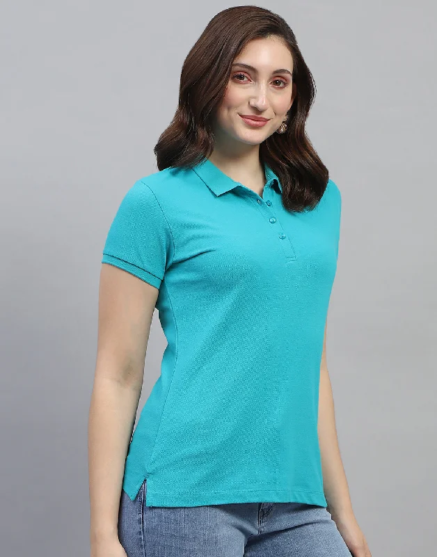 ladies' henley button t-shirt -Women Turquoise Blue Solid Collar Neck Half Sleeve T Shirt