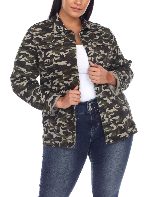 ladies' faux suede jacket -Plus Womens Camouflage Long Sleeves Denim Jacket