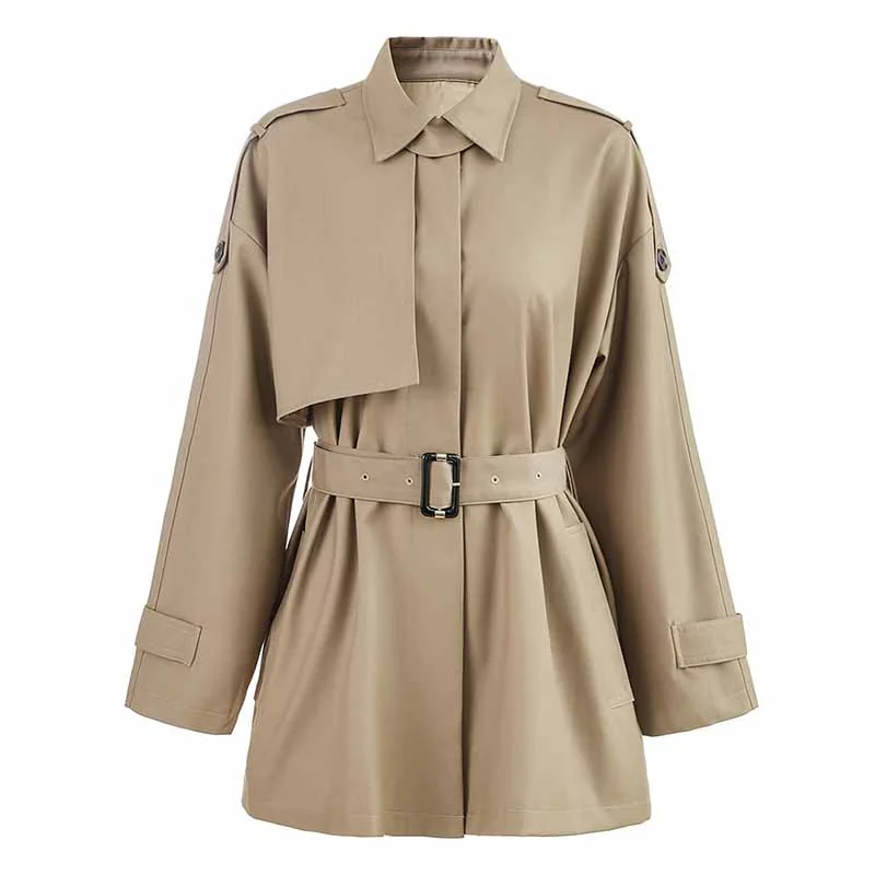 oversized women's coat -Women Single Breasted Belted Long Sleeve Short Trench Coat