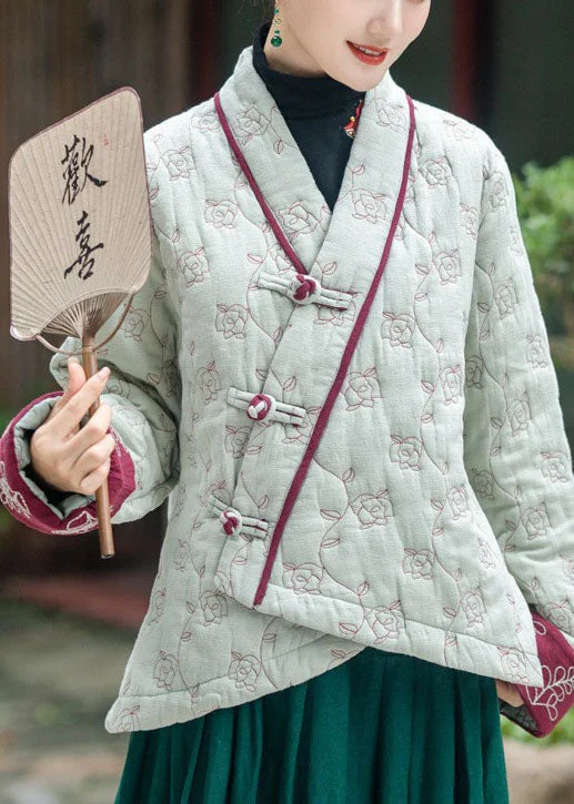 sustainable eco-friendly coat for women -Art Light Green Embroidered Oriental Button Fine Cotton Filled Coats Winter