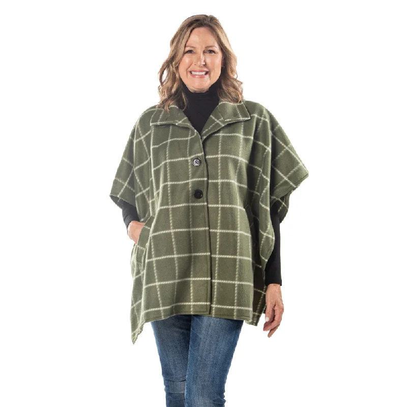 elegant wool cape for women -Bridget High Neck 4 Button Green Fleece Cozy Coat Cape