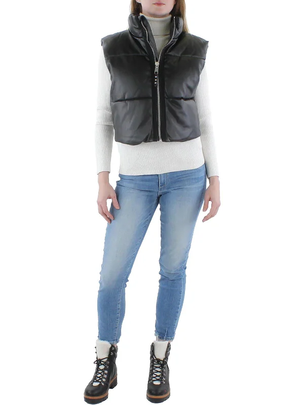 fashionable belted wool coat for women -Womens Vegan Leather Cropped Vest