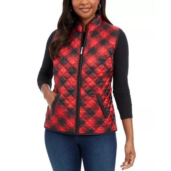 stylish knit jacket for women -Karen Scott Women's Sport Plaid Puffer Vest Bright Red Size X-Large