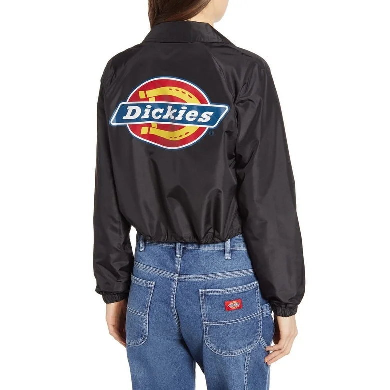 military-style coat for women -Dickies Women's Logo Crop Windbreaker Jacket Black Size X-Large