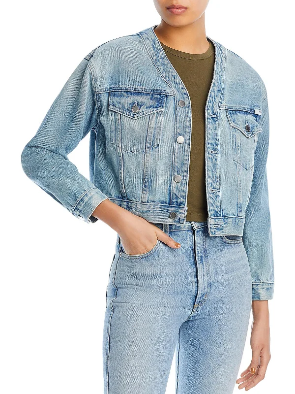 soft touch sherpa coat for women -Womens Collarless Cropped Denim Jacket