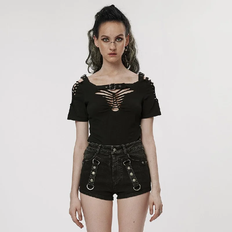 women's ribbed knit top -Women's Punk Ripped Buckle Shirt