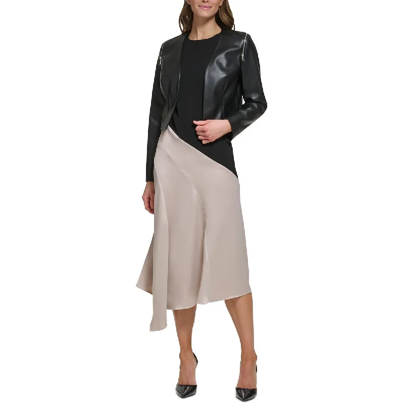 women's belted trench coat -DKNY Womens Faux Leather Cropped Open-Front Blazer