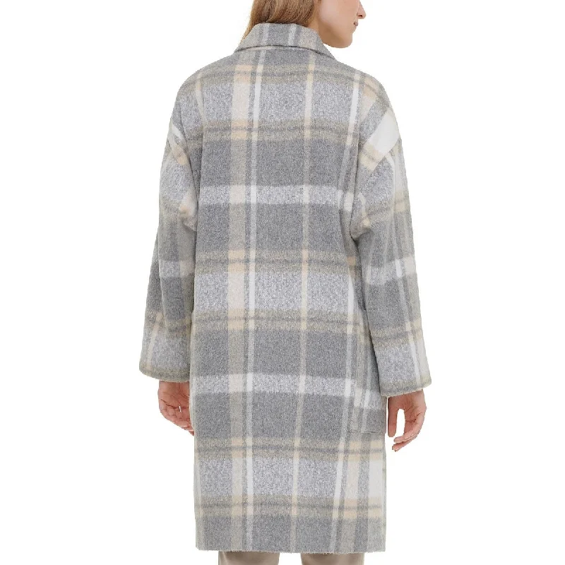 trendy plaid coat for women -Calvin Klein Women's Pocketed Plaid Coat Grey Size X-Large