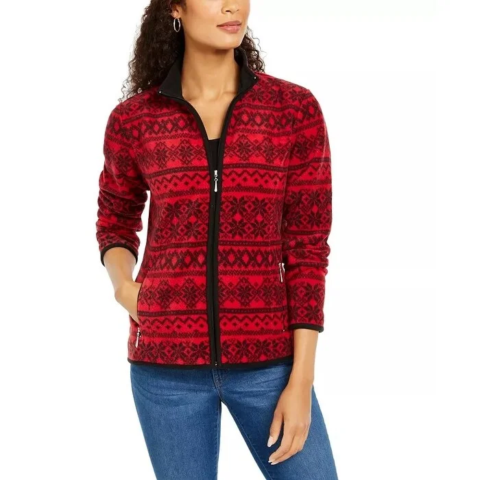 ladies' designer overcoat -Karen Scott Women's Sport Printed Zeroproof Zip Jacket Bright Red Size X-Large