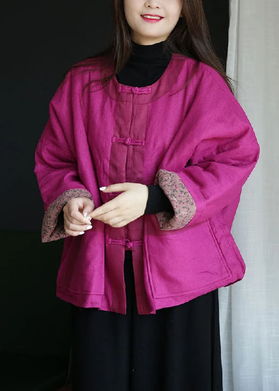 oversized women's coat -Simple Rose O Neck Chinese Button Pockets Cotton Filled Outwear Winter