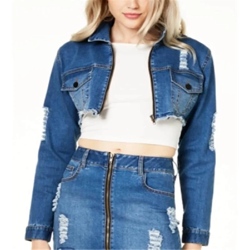 women's sherpa-lined jacket -Waisted Women's Cropped Jean Jacket Blue Size Small