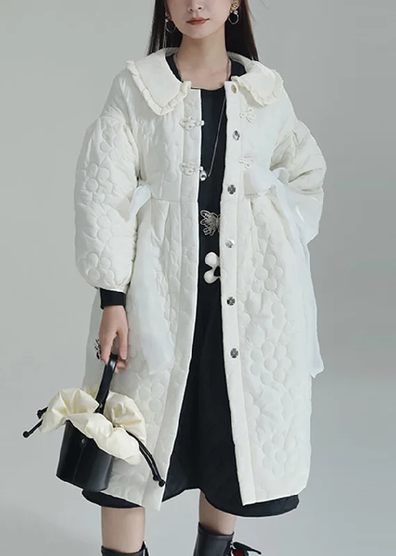 stylish longline coat for women -Chic White Peter Pan Collar Pockets Fine Cotton Filled Witner Coat