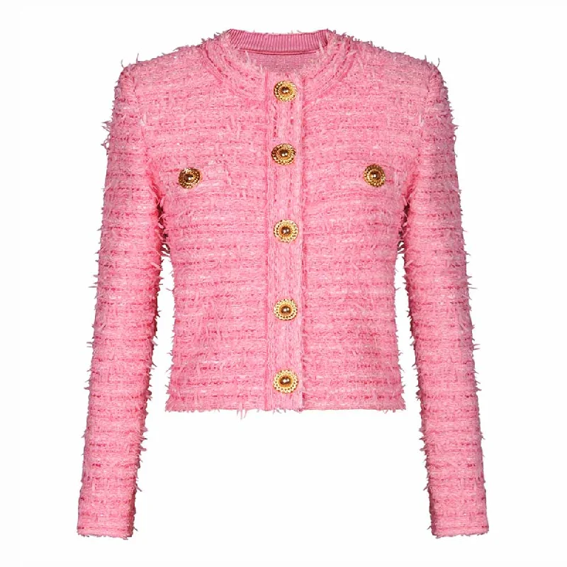 structured blazer jacket for women -Women's Five Button Tweed Jacket Pink Blazer