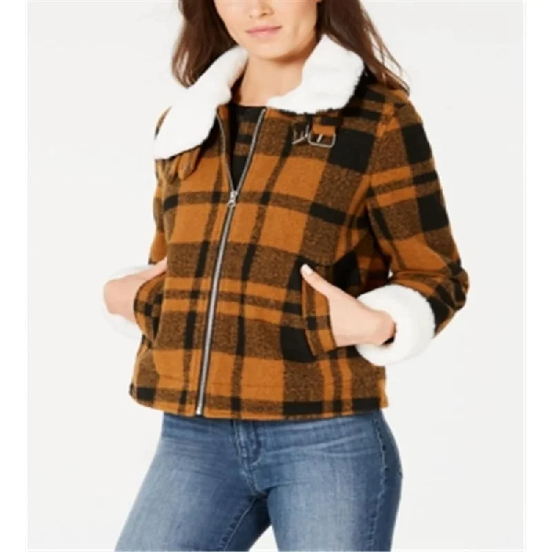 ladies' longline puffer coat -CoffeeShop Juniors Faux-Fur-Collar Plaid MustardBlack Plaid Size Large