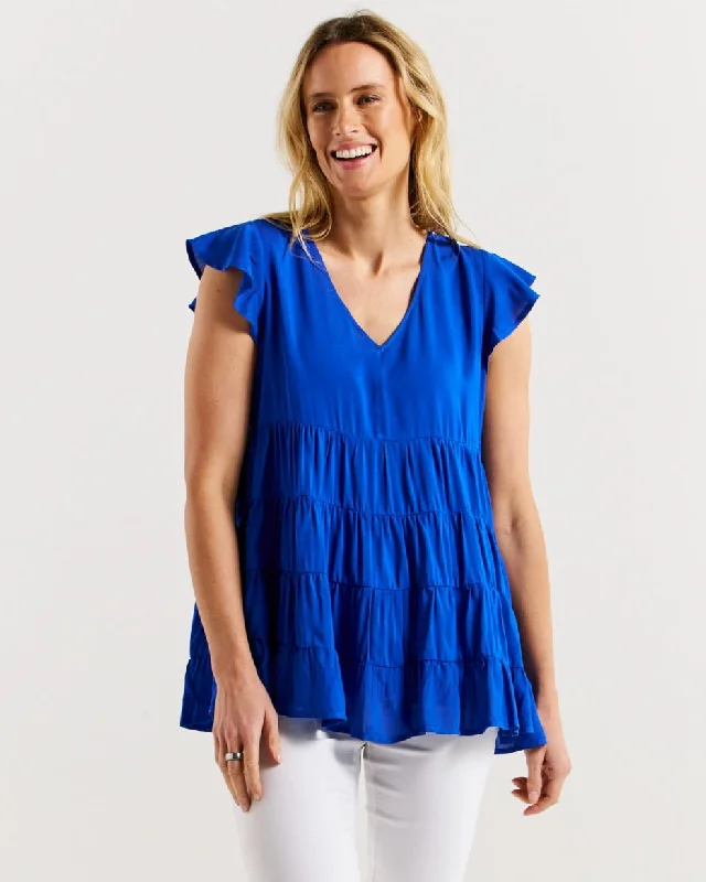 chic layered ruffle top for ladies -Danica Frill Top - Cobalt Blue