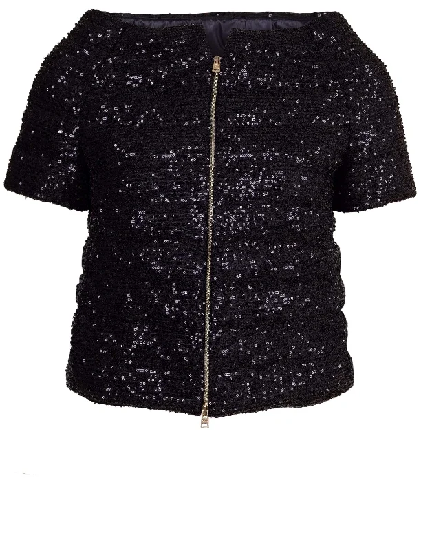 sleek minimalist coat for women -Black Sequin Cap Sleeve Jacket