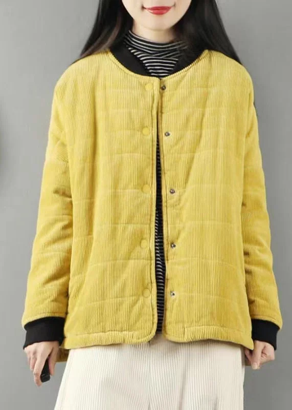 ladies' long hooded winter coat -Loose Yellow Pockets Patchwork Fine Cotton Filled Coats Winter