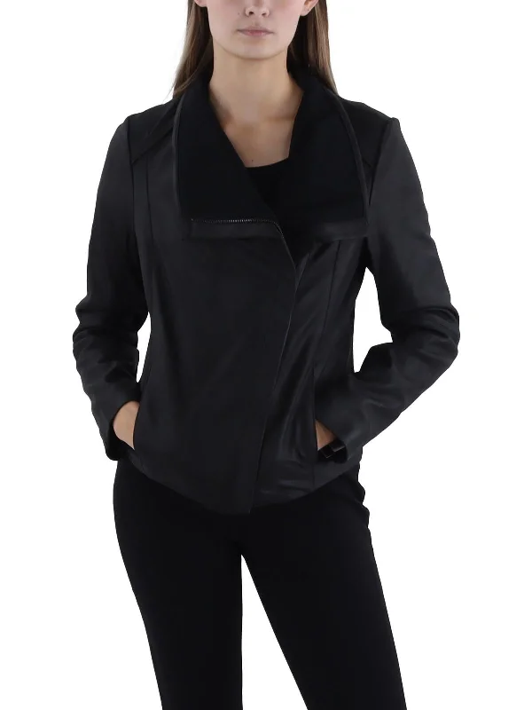 urban style cropped puffer jacket -Womens Leather Asymmetric Leather Jacket