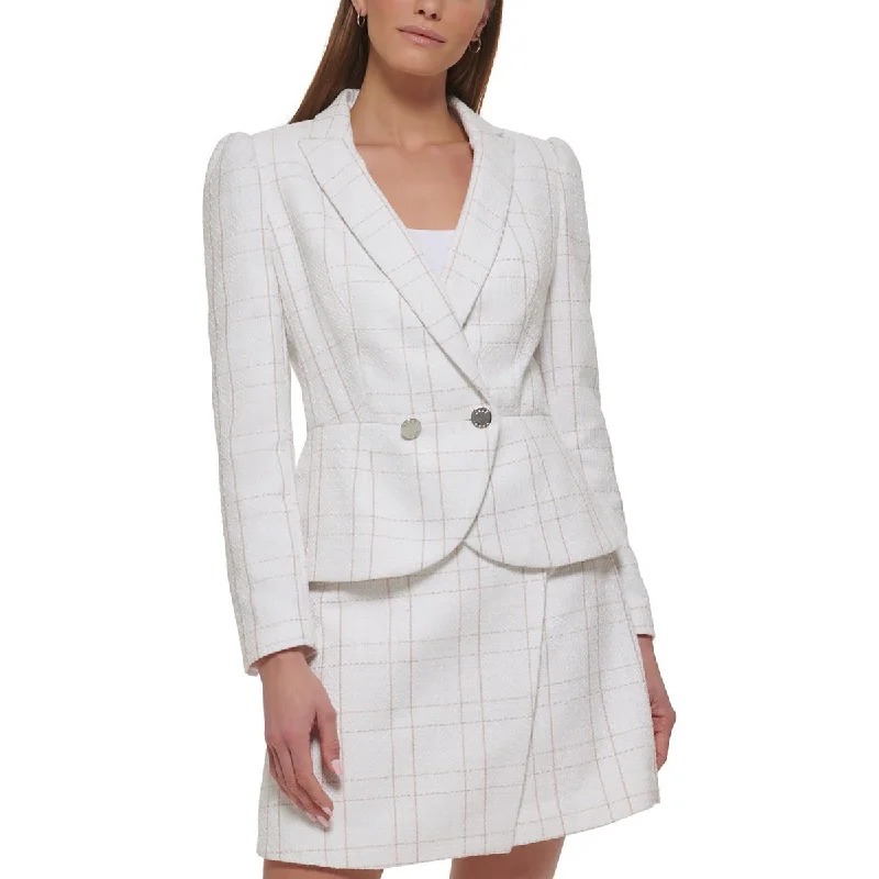 double-layered long coat for women -DKNY Womens   Plaid Office Wear One-Button Blazer