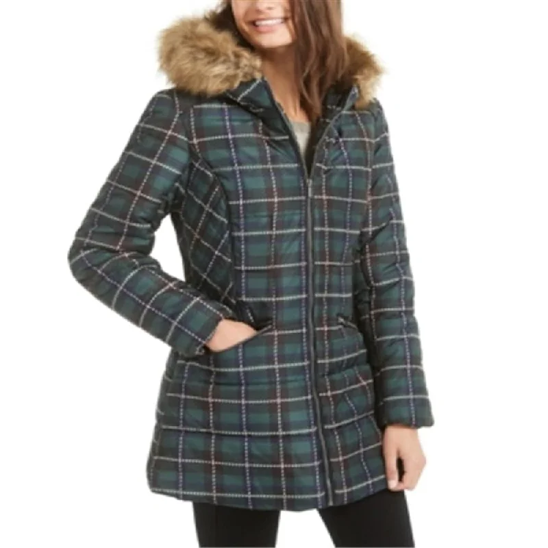 oversized women's coat -Celebrity Pink Women's Faux Fur Plaid Puffer Coat Green