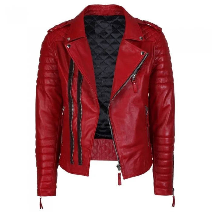 women's faux fur coat -Men Supreme Red Fashion Leather Jacket