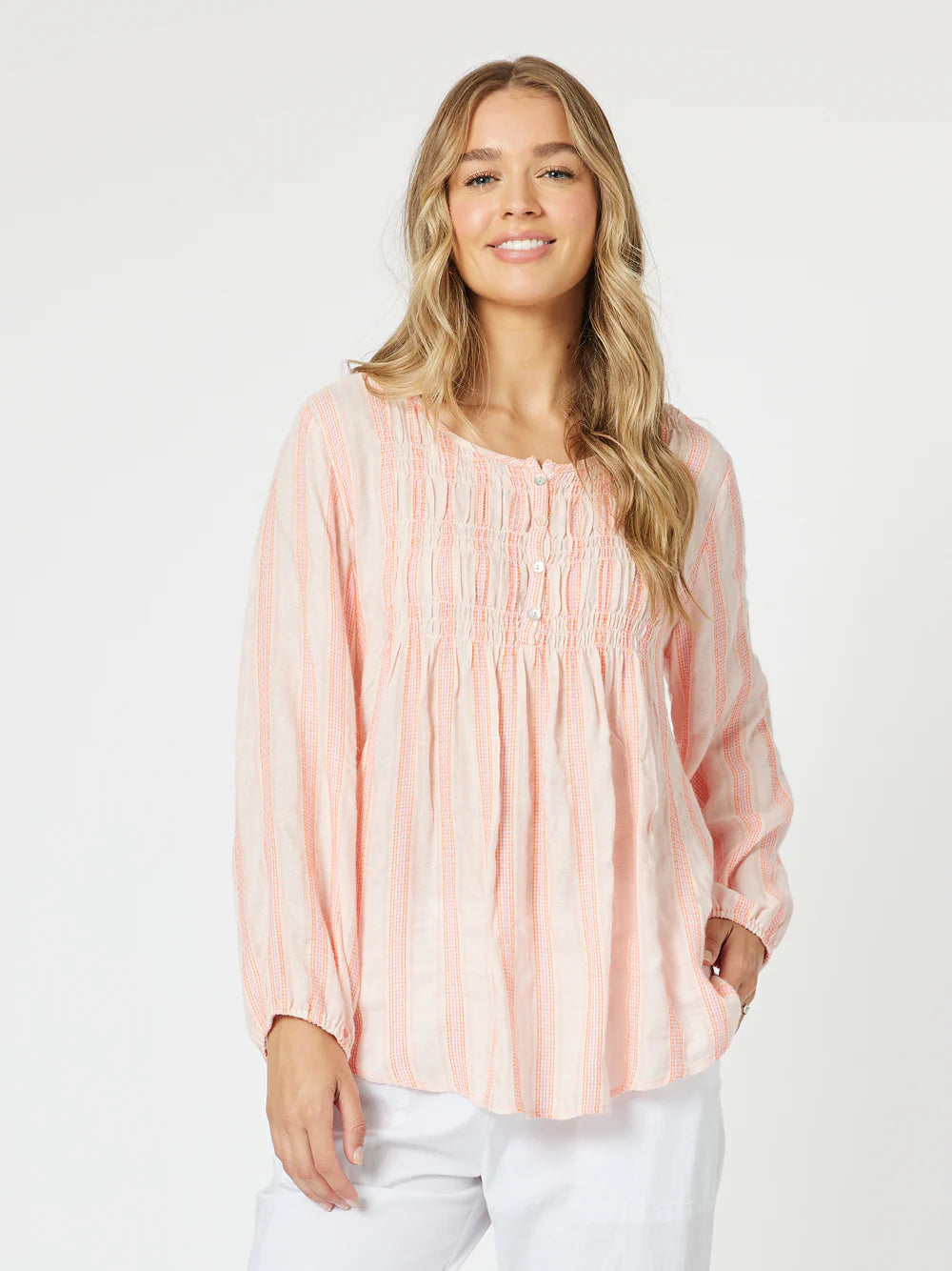 ladies' henley button t-shirt -Venice Stripe Tunic - Papaya