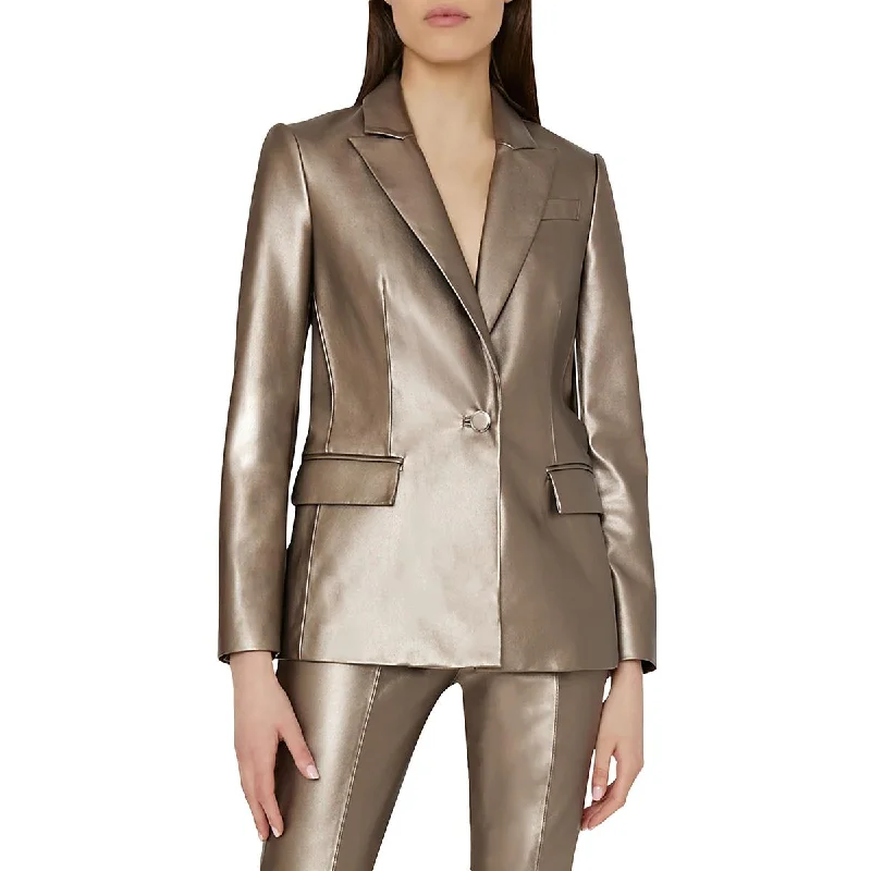 women's varsity bomber jacket -Milly Womens Alexa Faux Leather Metallic One-Button Blazer