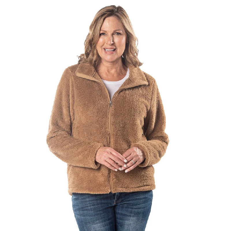 stylish knit jacket for women -Camel Teddy Bear Sherpa Fleece Full Zip Jacket