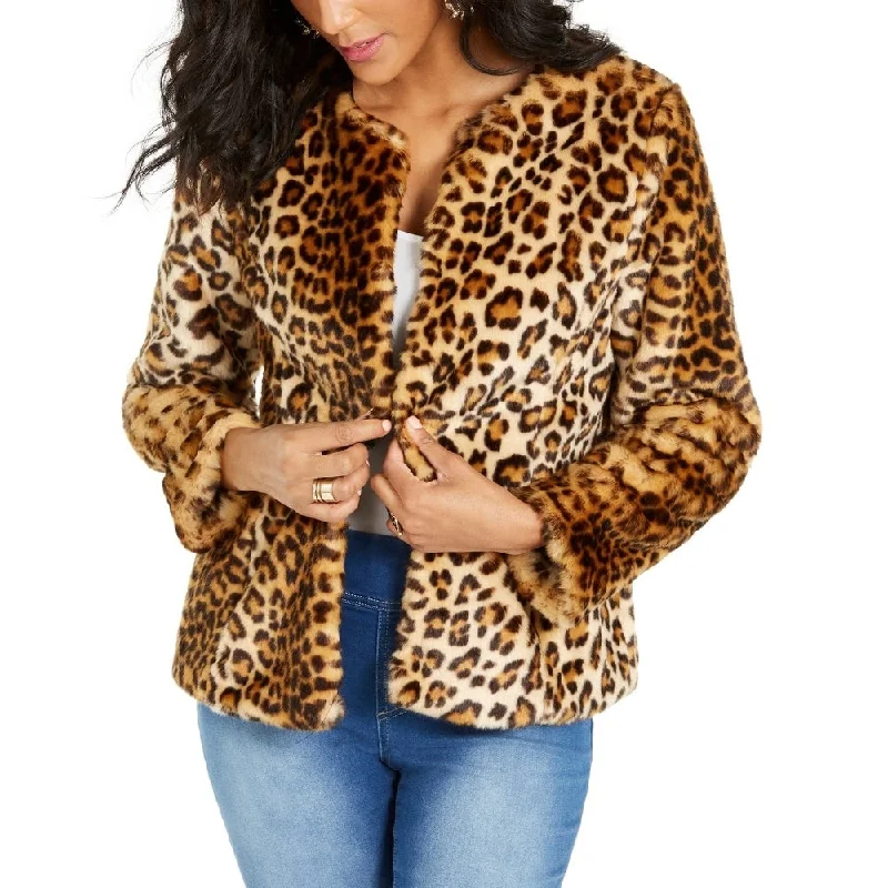 women's classic pea coat -Thalia Sodi Women's Faux Fur Leopard Print Jacket Beige Size Small